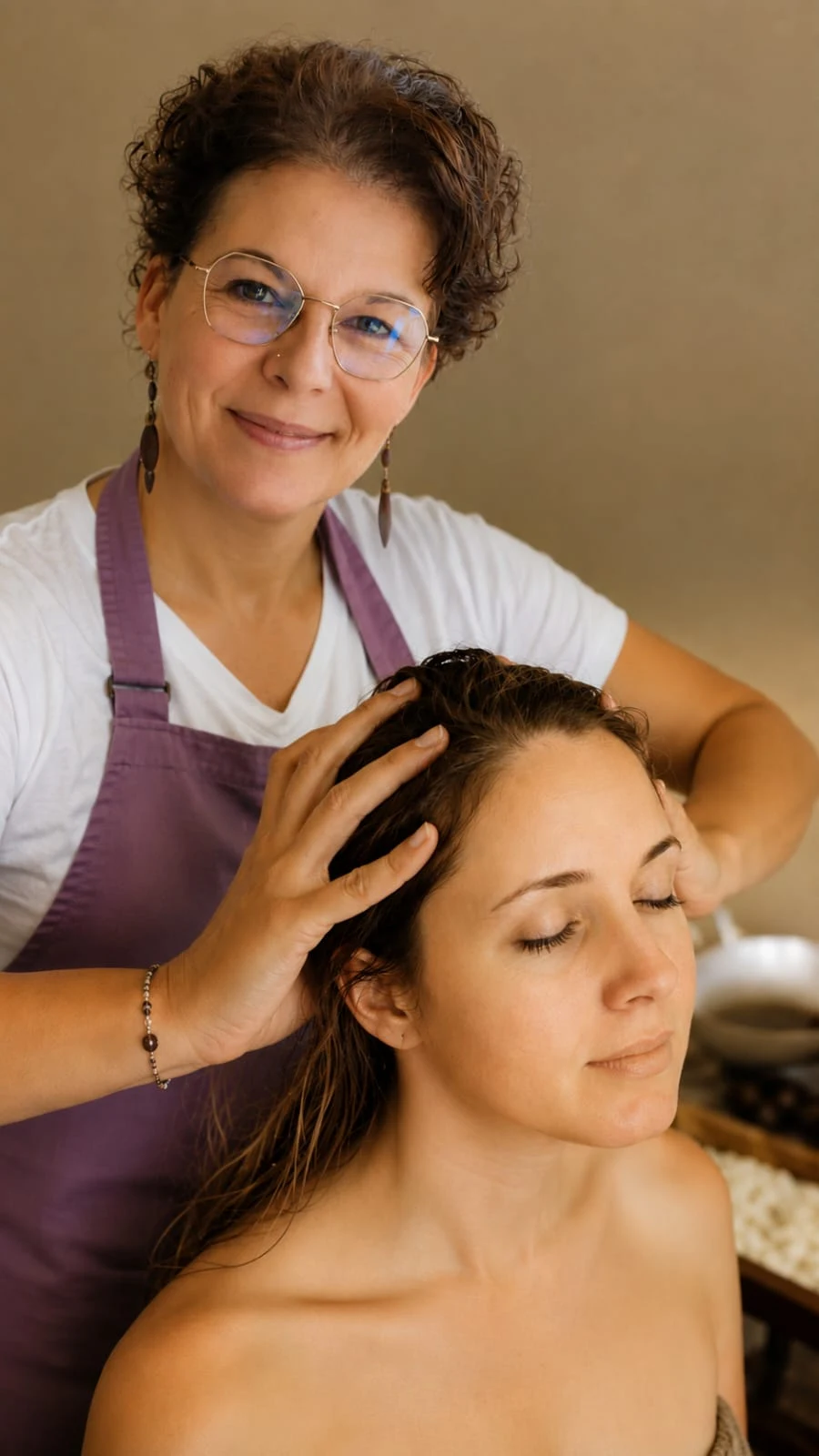 Massage du cuir chevelu lors d’un soin Shiroabhyanga.