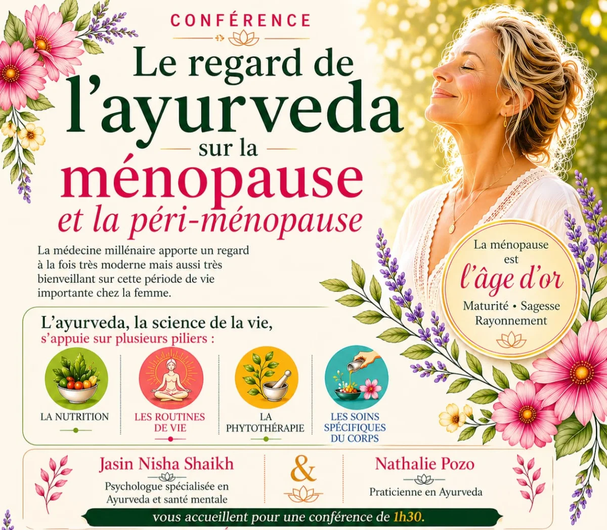 Affiche de la conférence « Le regard de l’Ayurveda sur la ménopause et la péri-ménopause ».